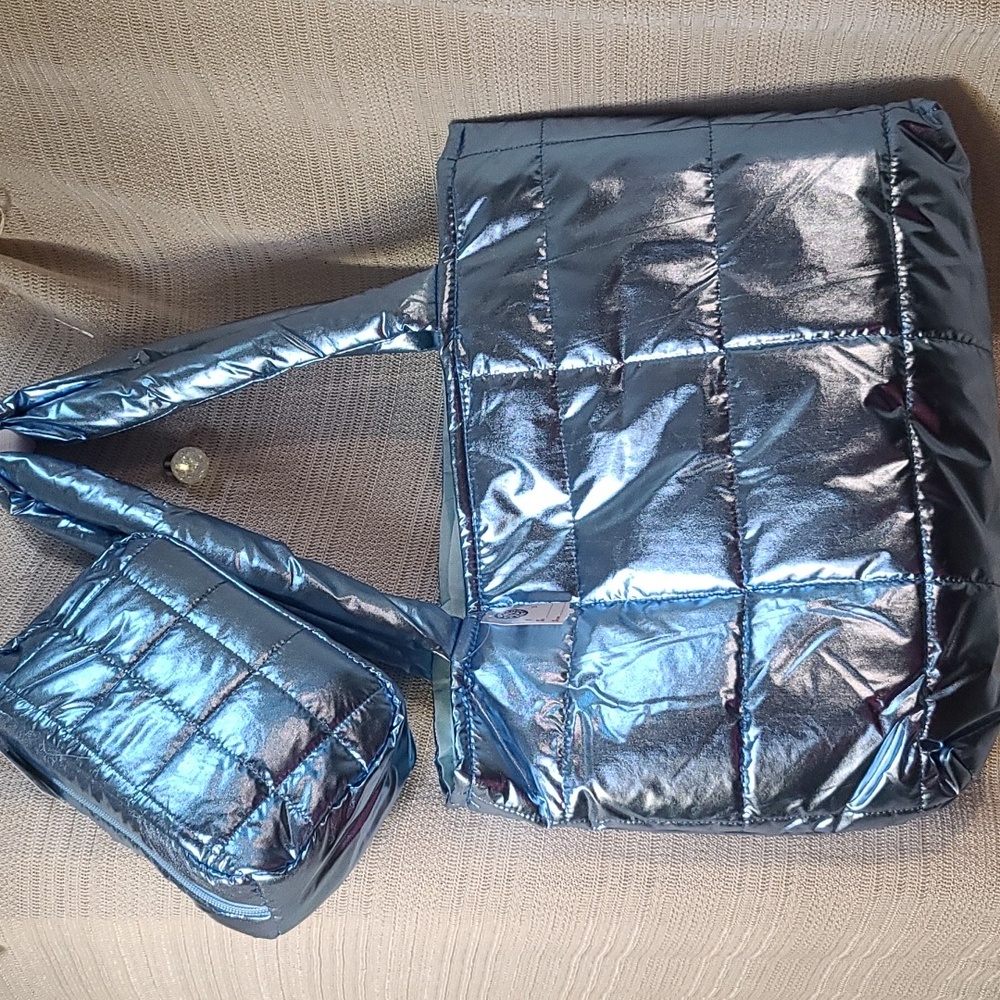 Metallic Shiny Baby Blue Puffer Tote Bag & Matching Accessory Bag, Bundle Nwt